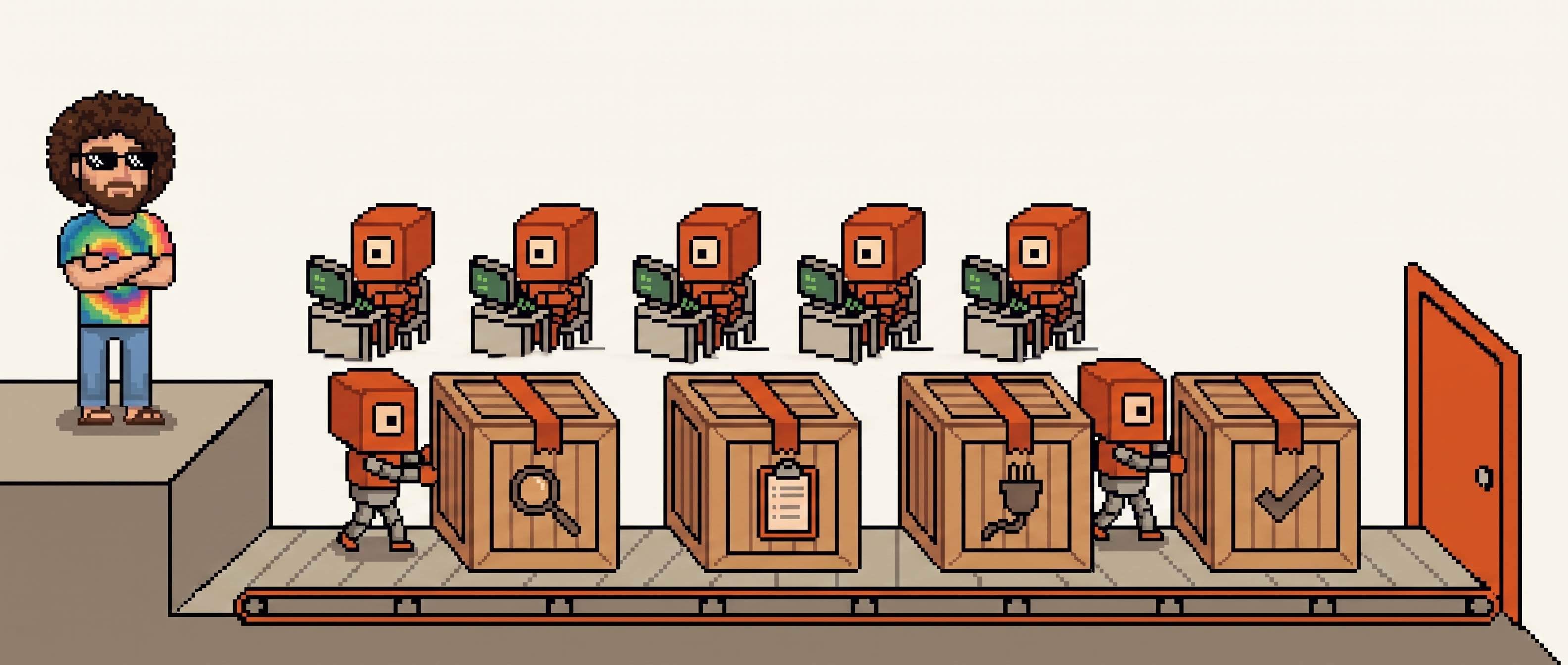 Pixel-art shipping dock: four sealed crates on a conveyor heading out through an orange door, stamped with a magnifying glass, a clipboard, a plug and a checkmark, while the operator watches from a platform.